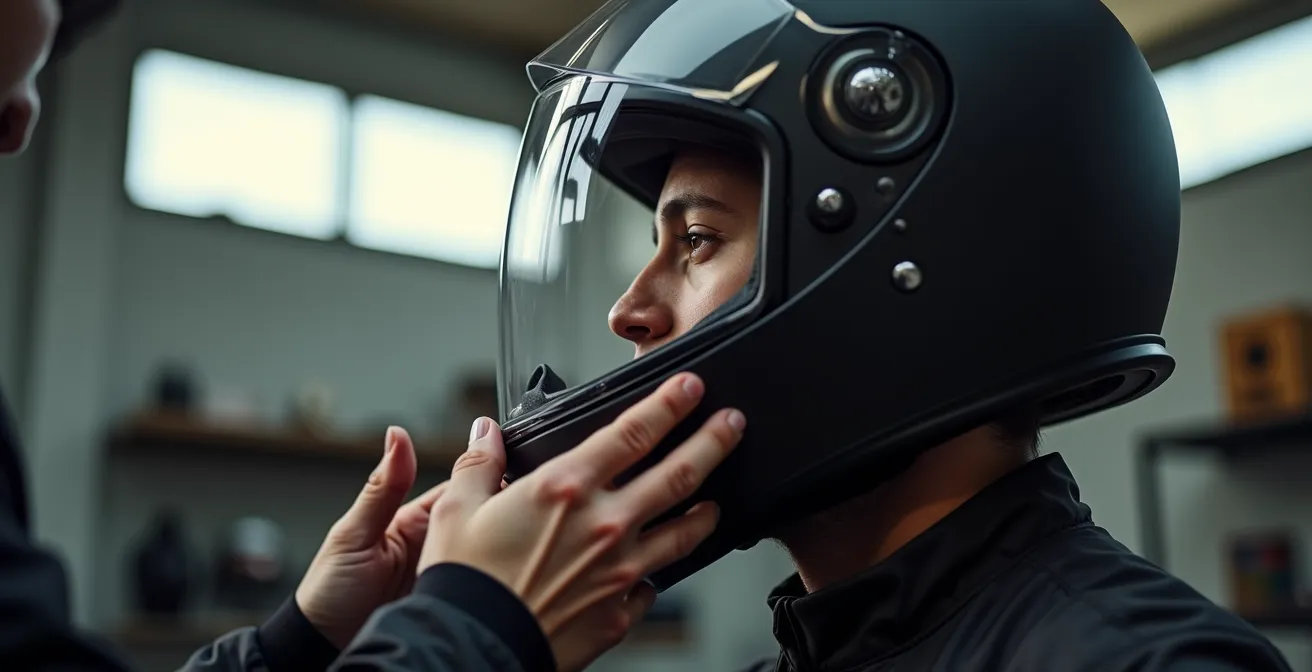 Motociclista che esegue il test di movimento del casco per verificare la calzata corretta