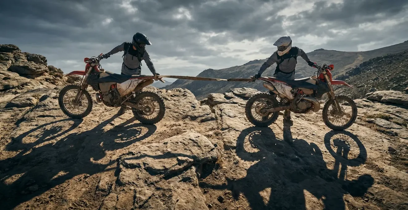 Tecnica di recupero moto con cinghia su sentiero roccioso ripido