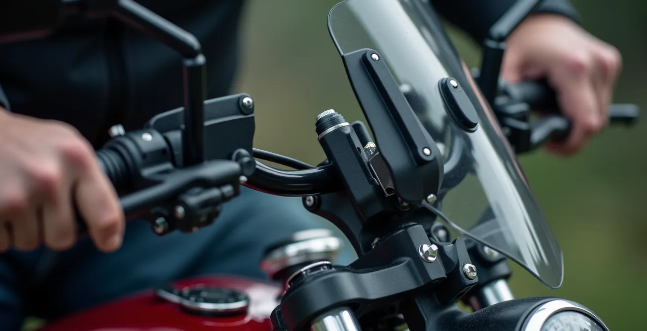 Dettaglio ravvicinato della regolazione del parabrezza di una moto tourer