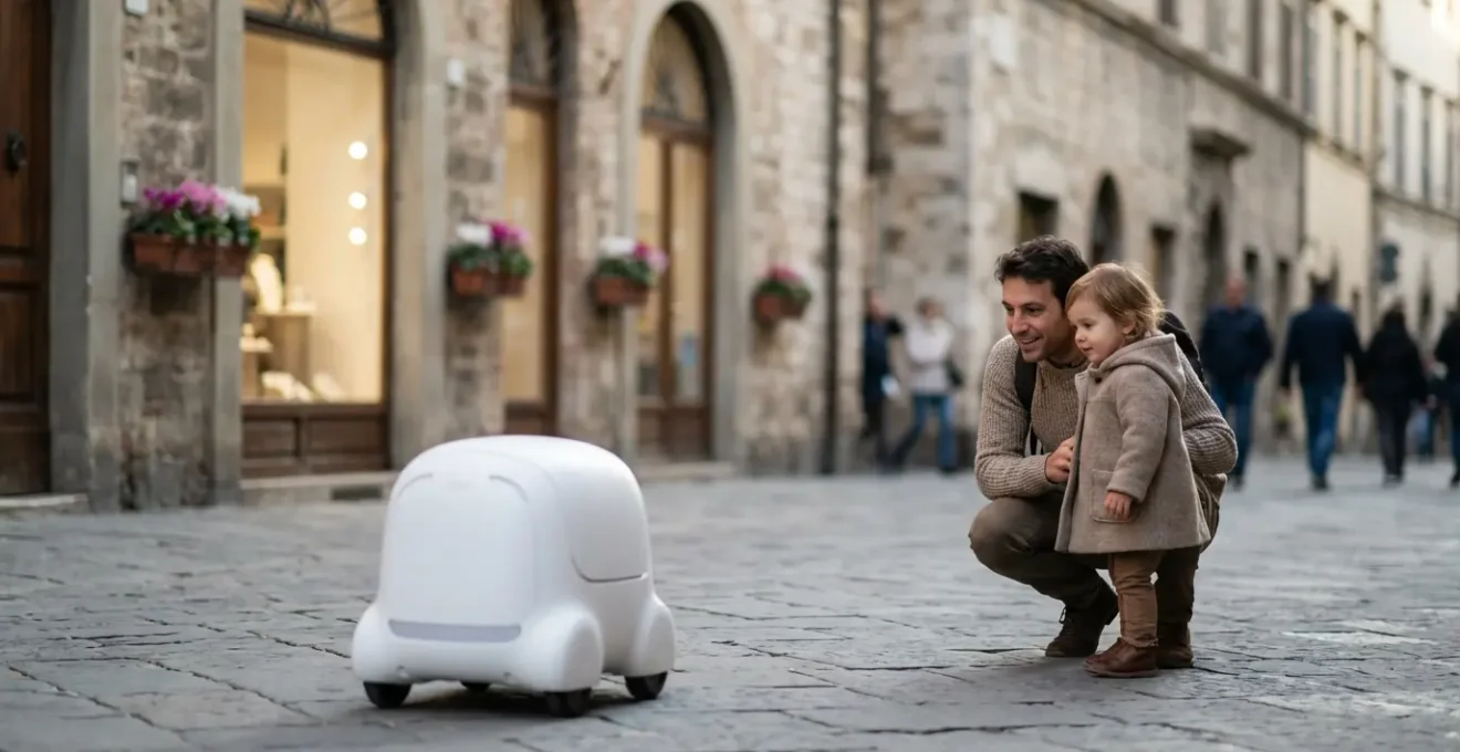 Robot di consegna autonomo su un marciapiede in una strada italiana con pedoni