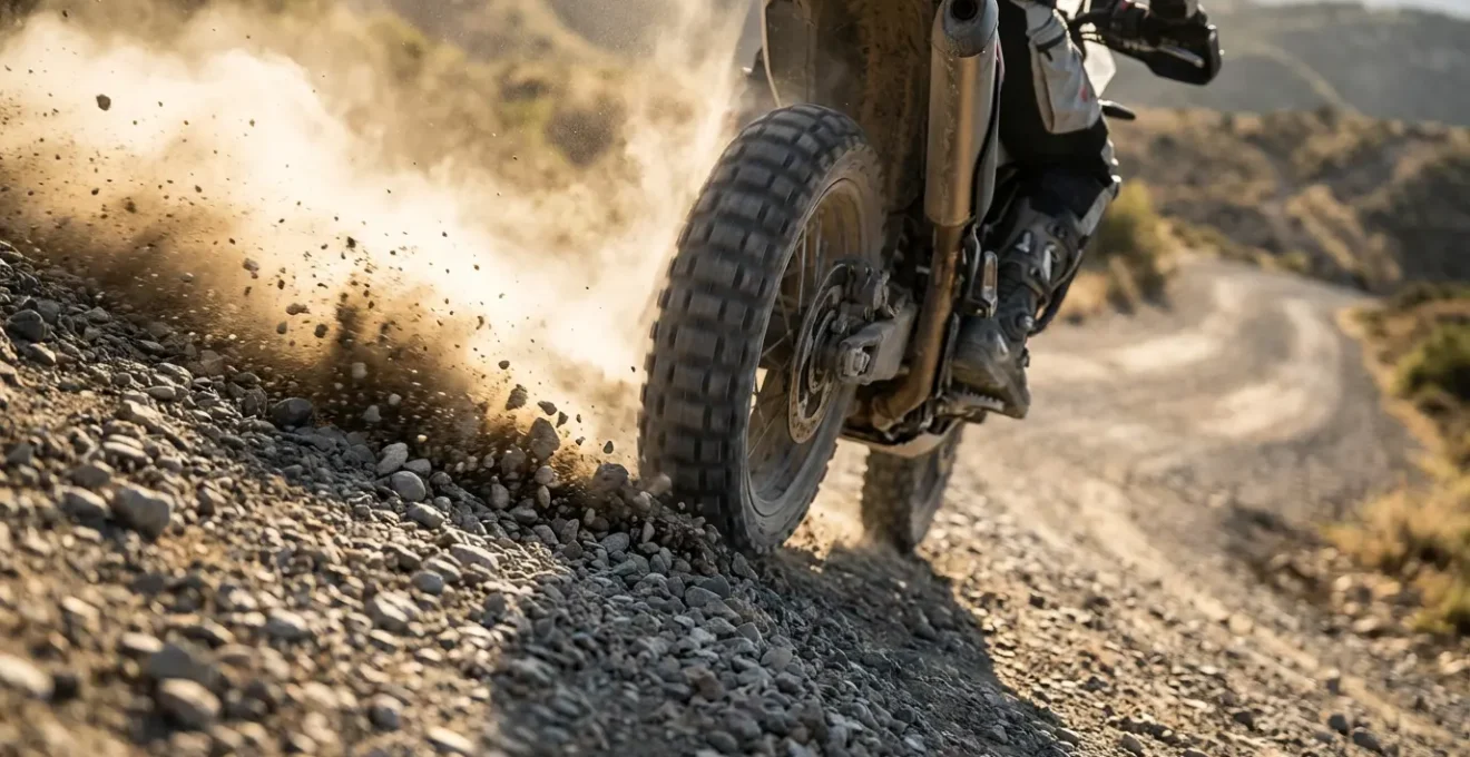 Ruota posteriore di maxi-enduro che crea solco controllato nella ghiaia durante discesa