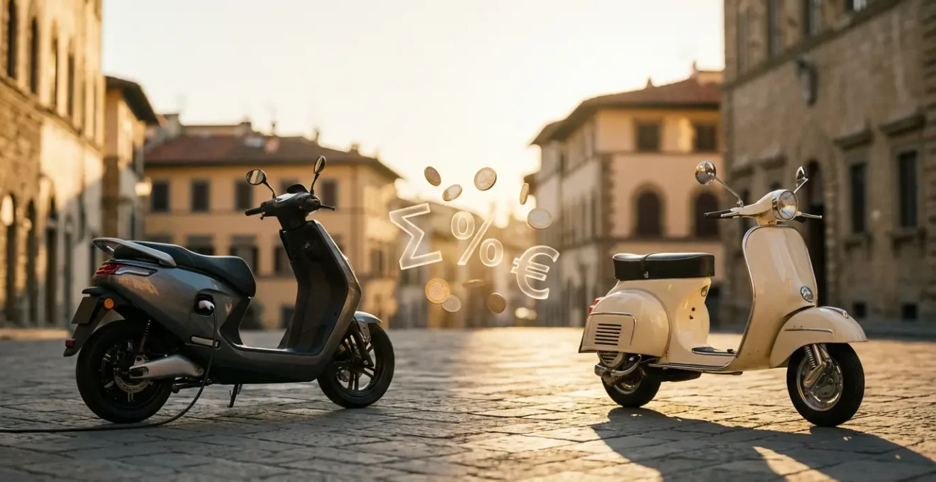Confronto visuale tra scooter elettrico e benzina con calcoli di risparmio
