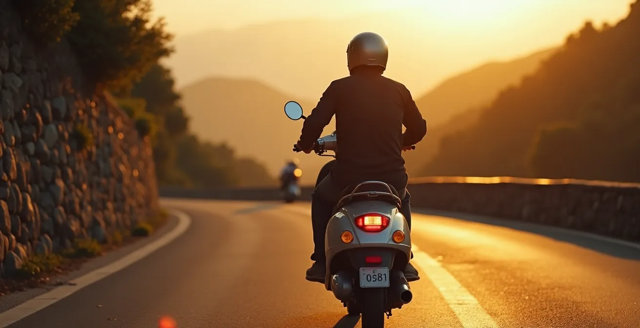 Scooter su strada collinare panoramica al tramonto