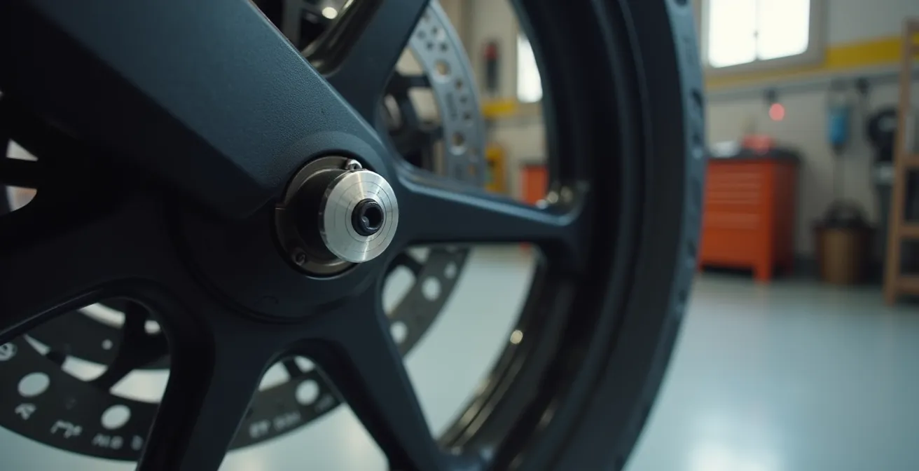 Dettaglio del sensore TPMS montato sulla valvola di una ruota moto