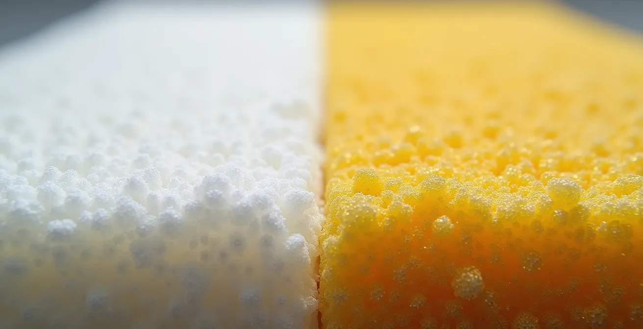 Sezione trasversale di un casco che mostra il degrado dei materiali nel tempo, con l'EPS ingiallito e compresso.