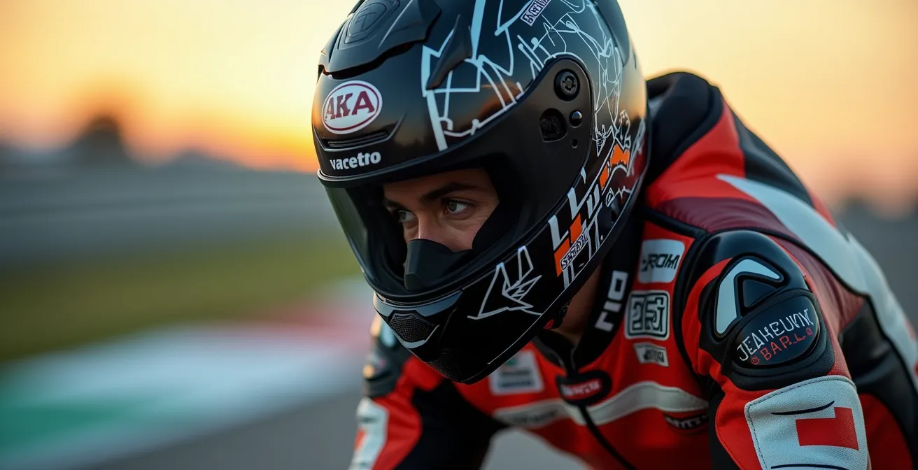 Primo piano del pilota che guarda verso il cordolo esterno mentre esce dalla curva