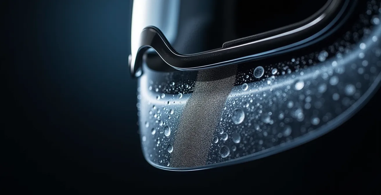 Dettaglio macro del sistema Pinlock che mostra la camera d'aria isolante tra visiera e lente