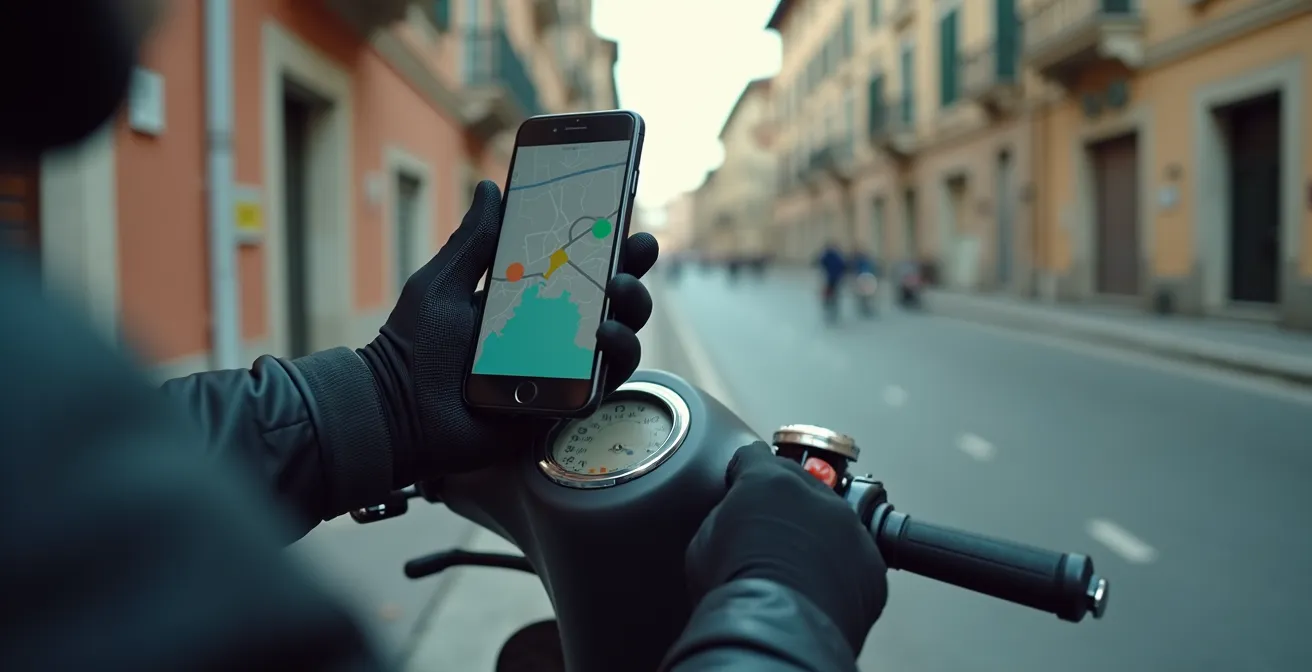 Supporto smartphone su manubrio scooter con app di navigazione