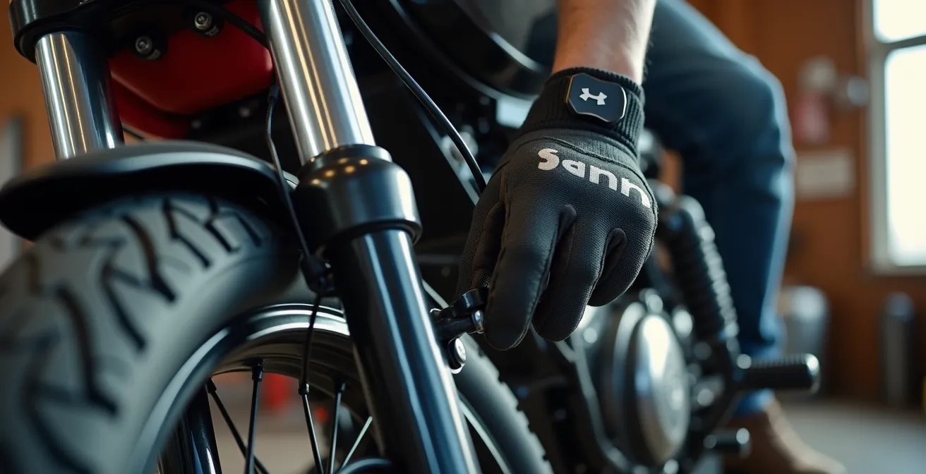 Vista laterale della sospensione anteriore moto con pneumatico sotto carico