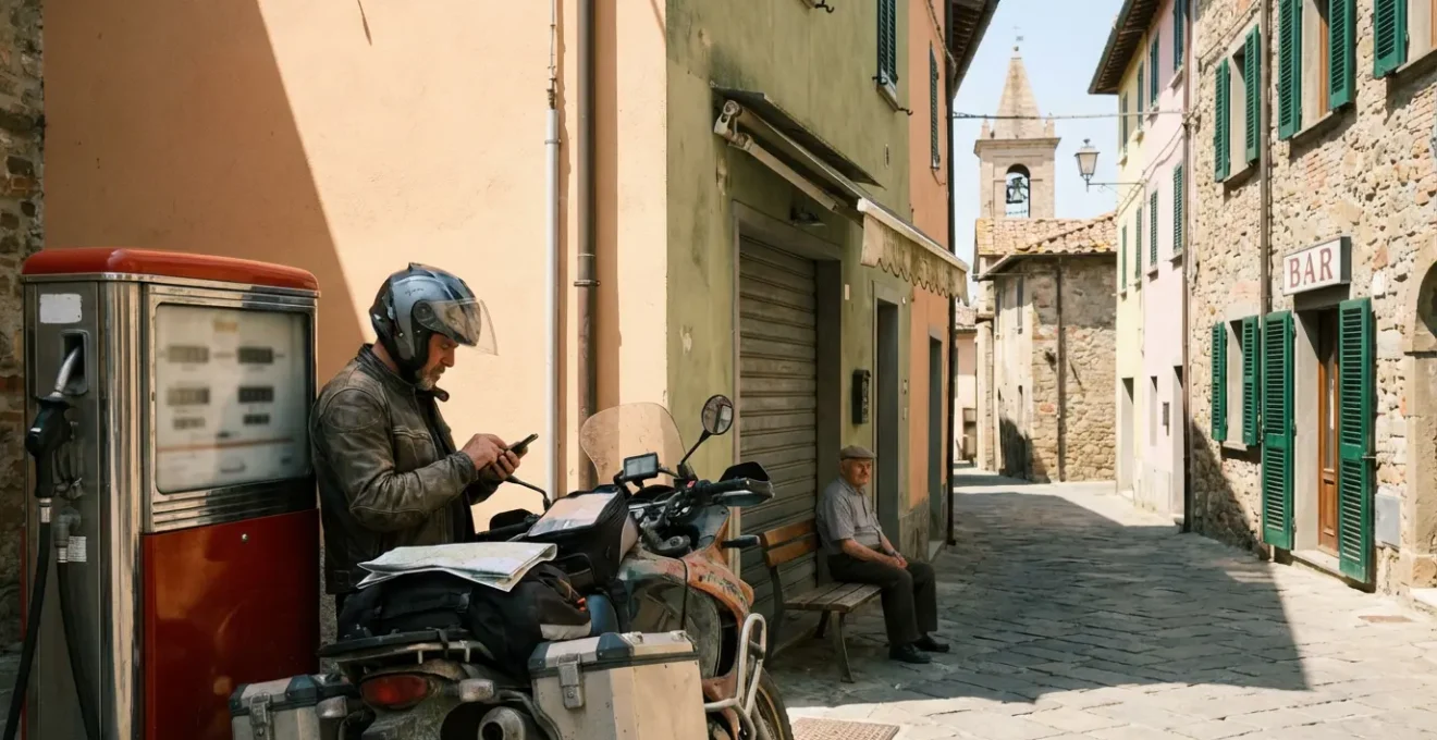 Distributore di benzina vintage in piccolo paese italiano durante pausa pranzo