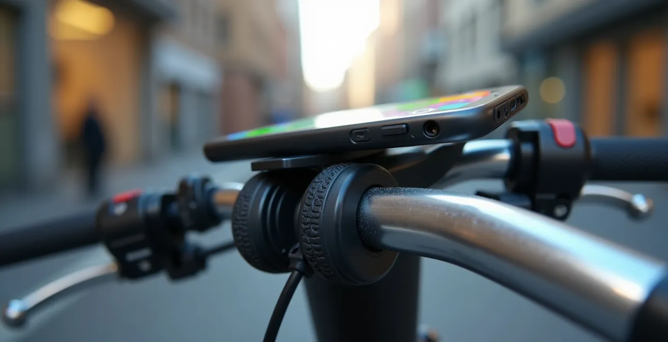 Dettaglio supporto smartphone con sistema ammortizzato montato su manubrio scooter