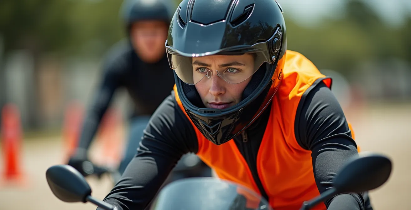 Motociclista che esegue manovre di equilibrio a bassa velocità tra i coni