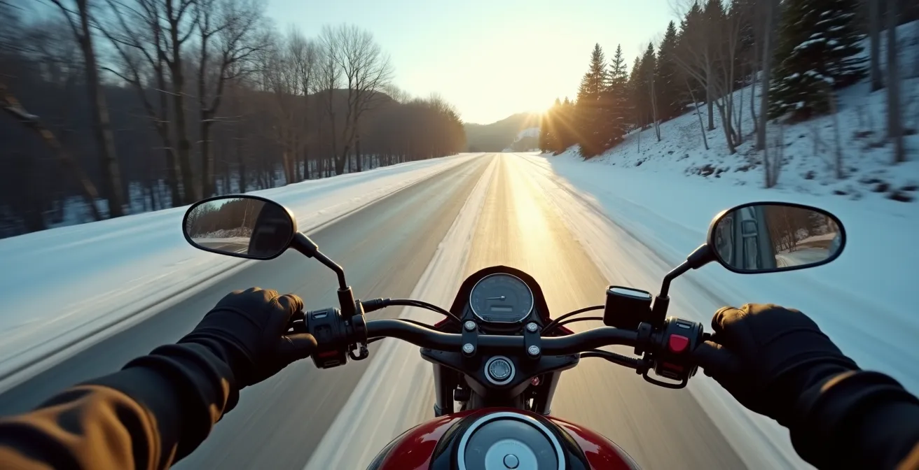 Vista soggettiva di motociclista che osserva strada invernale con zone di ghiaccio nero