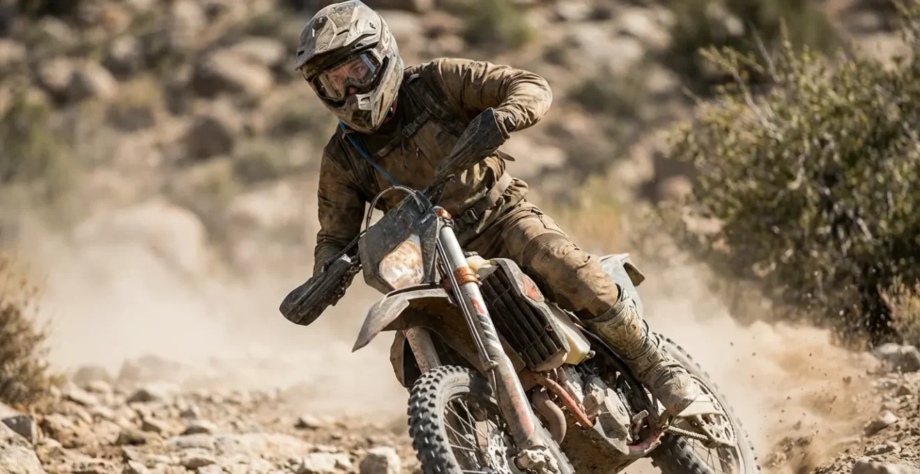 Pilota enduro dimostra spostamento dinamico del peso su terreno sassoso