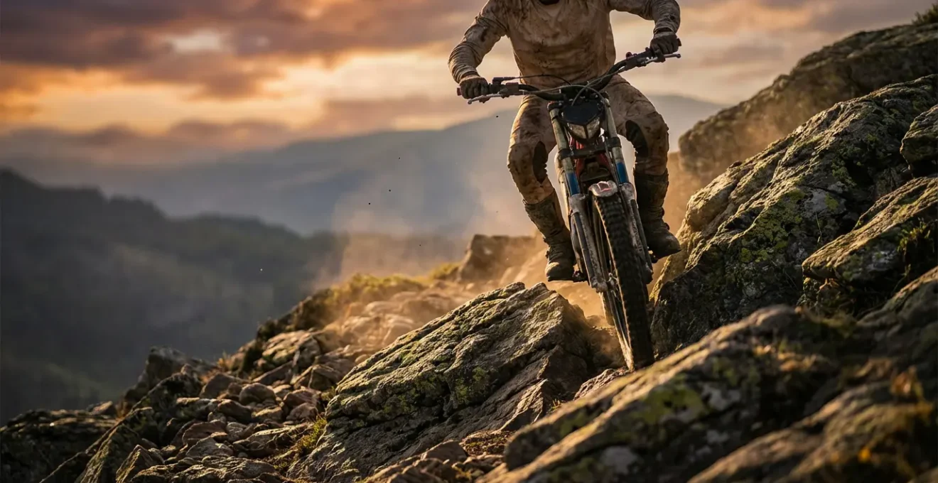 Pilota enduro in posizione eretta su terreno roccioso