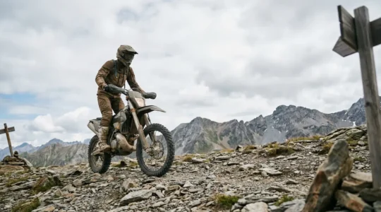 Pilota enduro affronta mulattiera rocciosa con tecnica di trazione