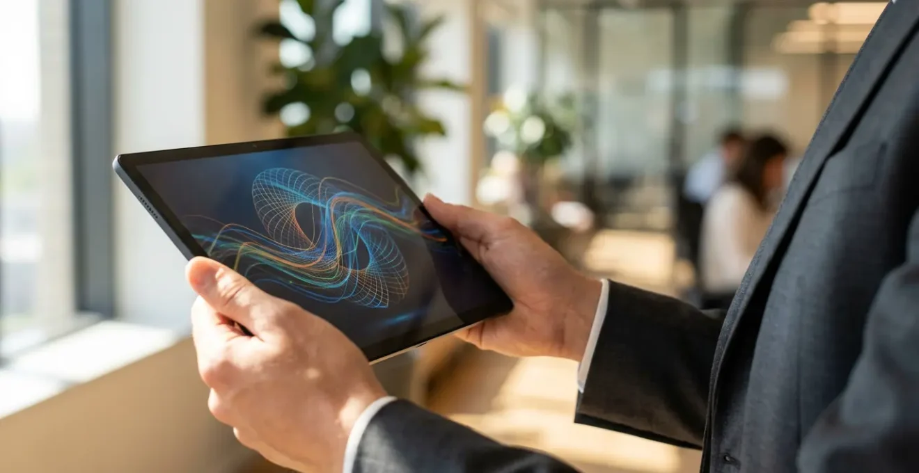 Mani che tengono un tablet con grafici di analisi della flotta senza testo visibile