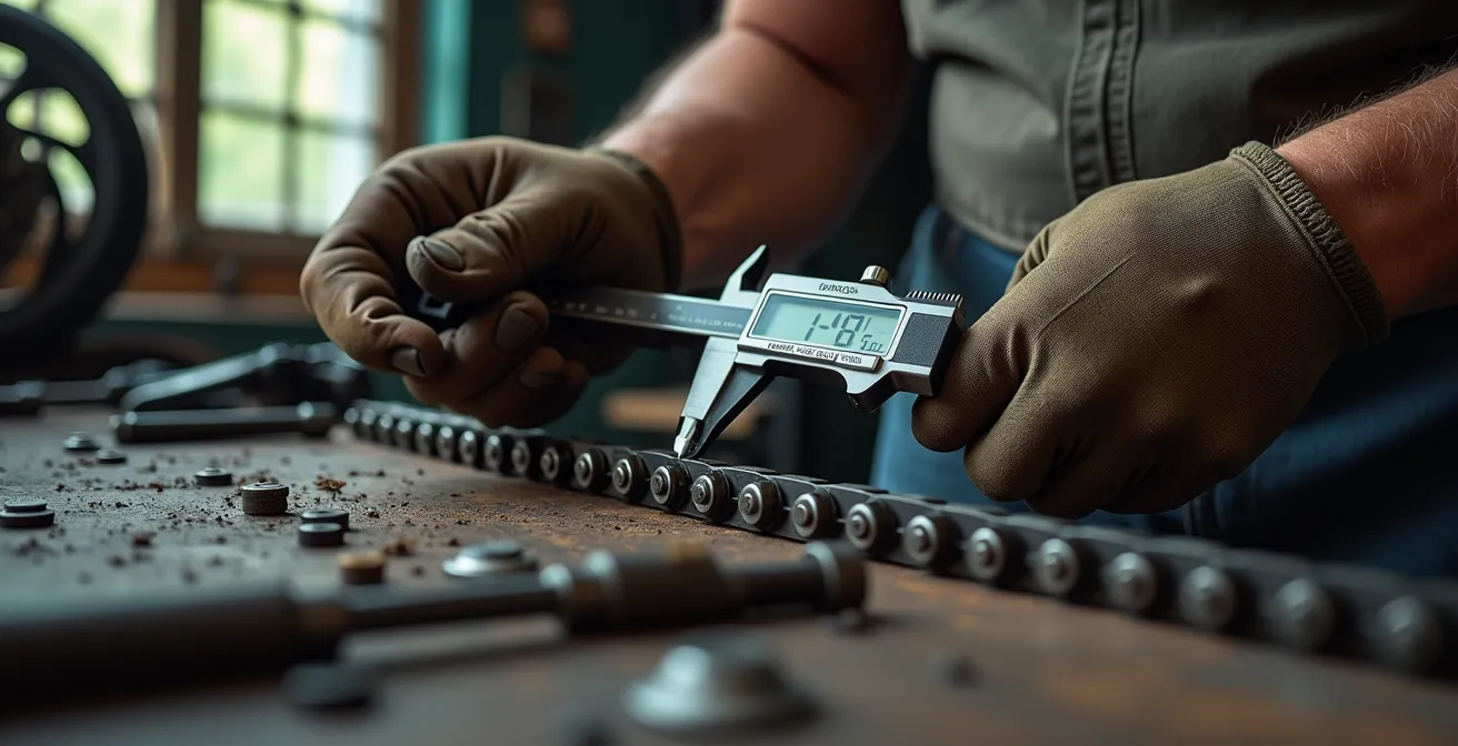 Mani che misurano l'allungamento di una catena moto con un calibro digitale