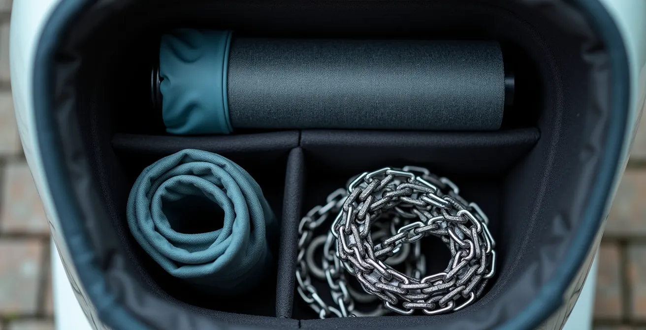 Vista dall'alto del vano sottosella di uno scooter con oggetti disposti strategicamente come in un gioco di Tetris