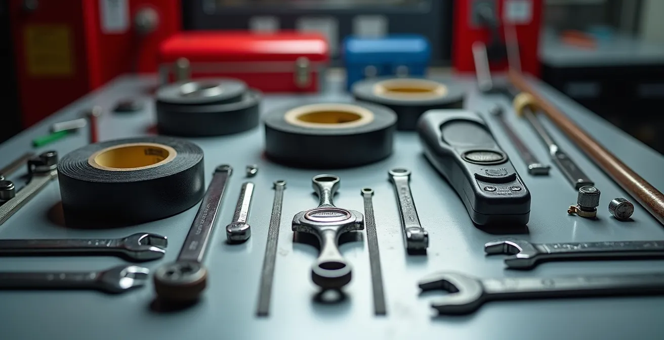 Kit di attrezzi essenziali disposti ordinatamente su un banco da lavoro nei box del circuito