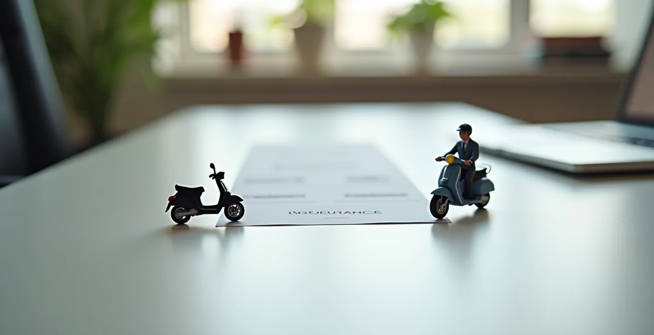 Chiavi di scooter e moto con documenti assicurativi sfocati su scrivania