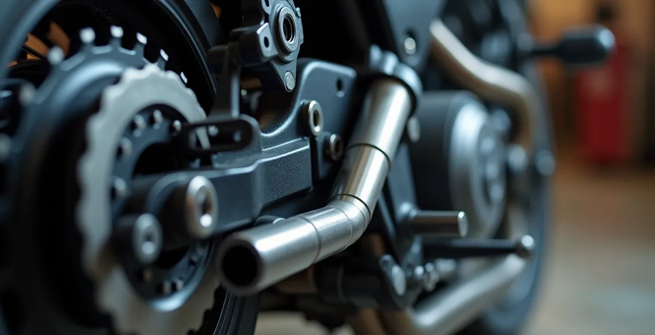 Dettaglio macro della trasmissione finale a cardano di una moto touring con finitura cromata