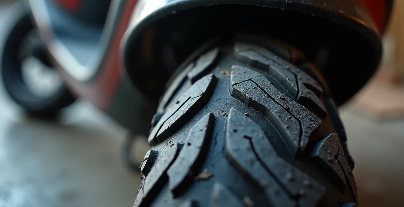 Dettaglio macro dell'usura centrale di uno pneumatico scooter